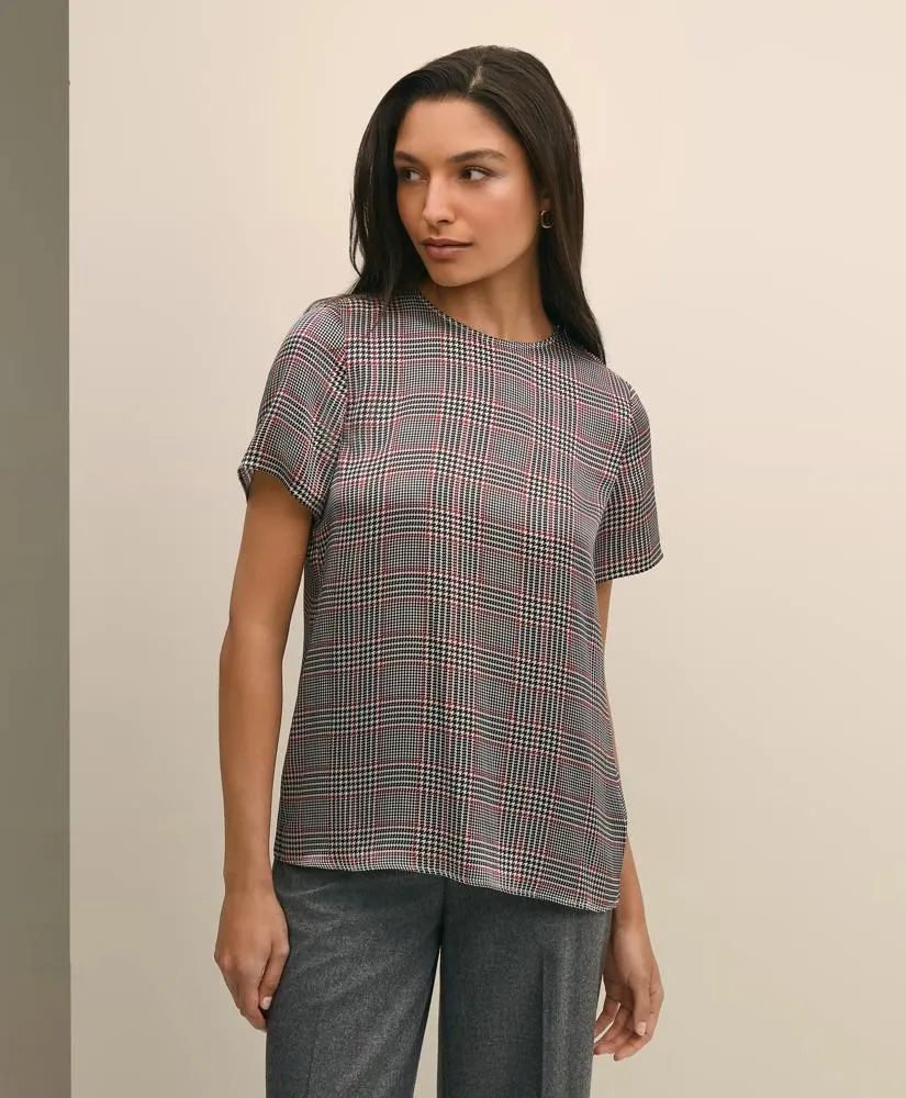 Washable Silk Charmeuse Plaid Short-Sleeve Top