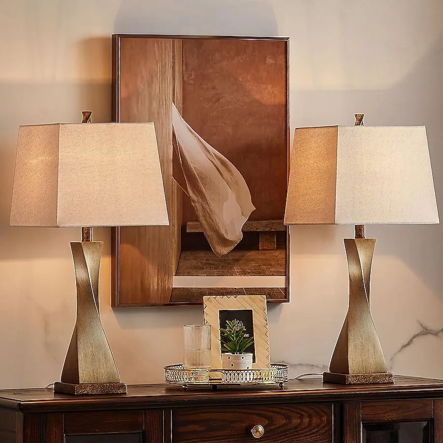 KAWOTI Shally 27-in Antique Gold 3-way Table Lamp with Linen Shade 2 -Set