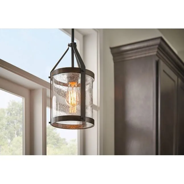 Kichler Barrington Distressed Black and Wood Tone Rustic Seeded Glass Cylinder Mini Hanging Pendant Light