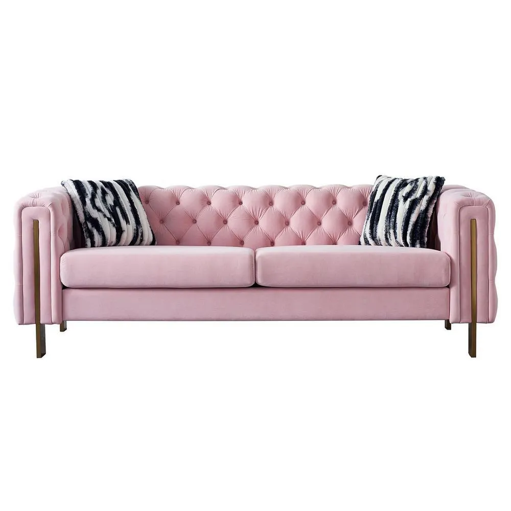 Davenport Pink Velvet Tuft Sofa with Pillows