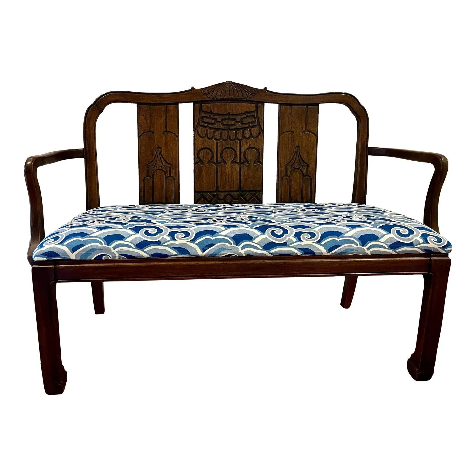 1960’s Chinoiserie Pagoda Settee W/ New Kravet Upholstery