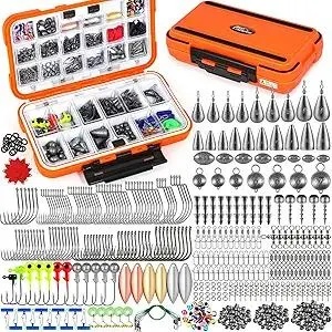 PLUSINNO 449pcs Fishing Gear Accessories Kit, Fishing Tackle Box with Tackle Included, Fishing Hooks, Fishing Weights Sinkers, Jig Heads, Fishing Tackle Set Equipment for Bass Trout, Gifts for men