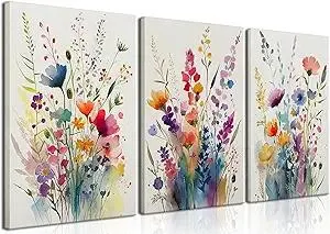 KISSFOX 3 Piece Colorful Flower Framed Wall Art Decor Watercolor Botanical Wildflower Pictures Paintings Wall Decor Modern Minimalist Floral Canvas Art Prints Artwork For Bedroom Living Room Bathroom