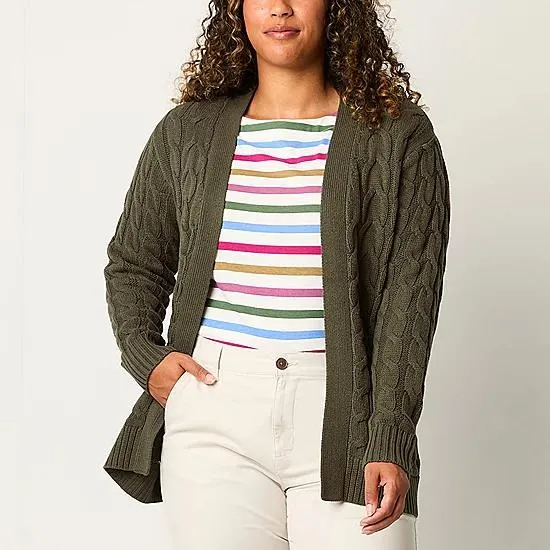 St. John's Bay Tall Womens Long Sleeve Open Front Cable Knit Cardigan