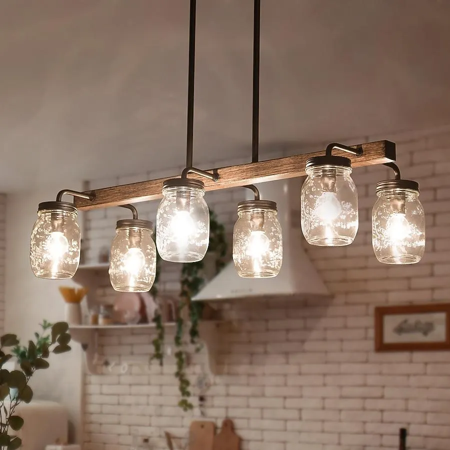 LNC Aries 6 -Light Matte Black and Antique Brown Mason Jar Farmhouse Textured glass Linear Large Hanging Kitchen island light
