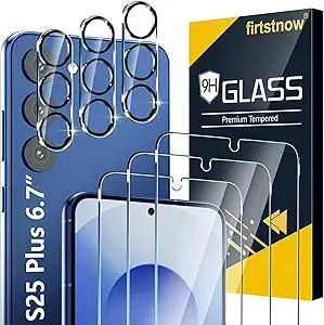 3 Pack Glass Screen Protector for Samsung Galaxy S25 Plus [6.7 inch] + 3 Pack Camera Lens Protector, 9H Tempered Glass, Fingerprint Unlock, HD Clear Case Friendly Anti-Scratch