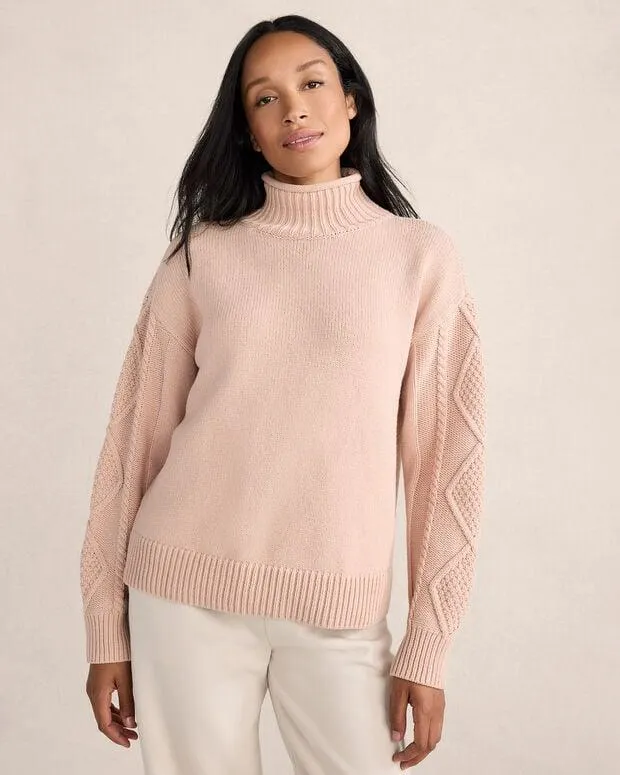 Cotton Cable-Sleeve Rollneck Sweater