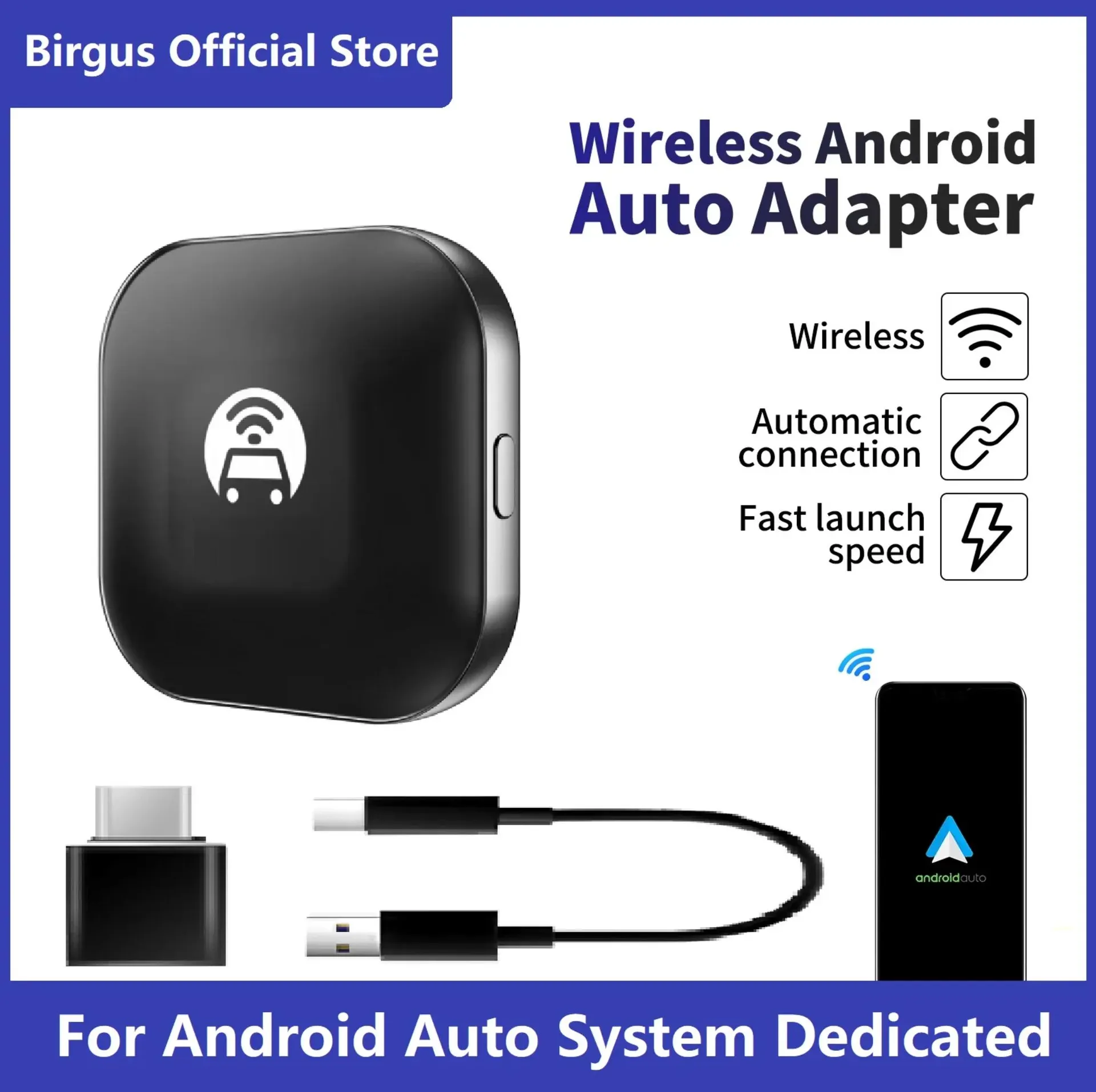Adaptador de coche con cable y conexión Bluetooth para teléfono Android inalámbrico Birgus original 2023 para Audi, Mercedes Benz, Chevrolet, Honda