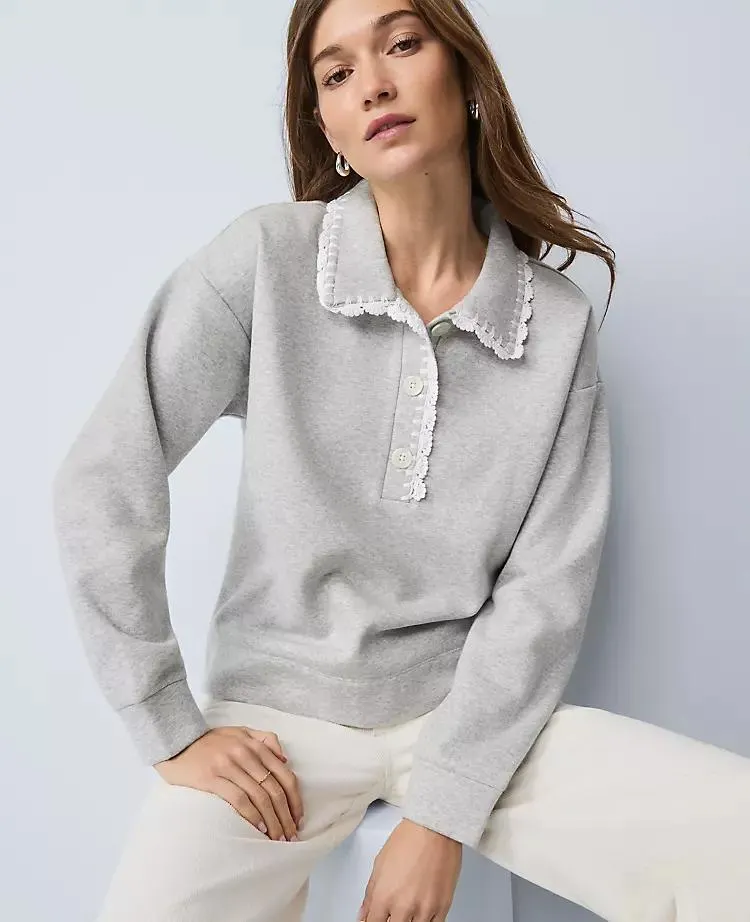 Weekend Collection Crochet Trim Collared Sweatshirt