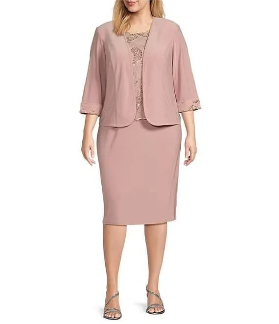 Plus Size 3/4 Sleeve Crew Neck Embroidered 2-Piece Jacket Dress
