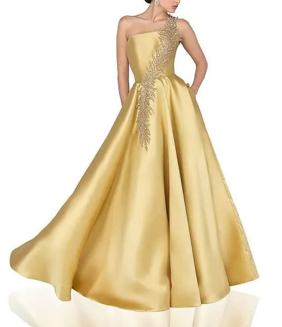 Sleeveless One Shoulder Beaded Strap Back Detail Ball Gown
