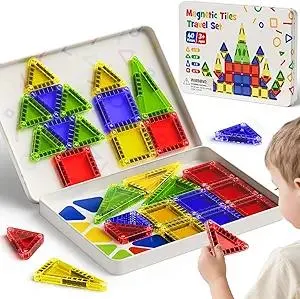 Portable Magnetic Tiles for Kids Travel - 40pcs STEM Building Blocks with Visual Storage Guide & Metal Box Play Base, Toddler Airplane Activities Toys for Ages 3-5,4-8, Compact Travel Toys