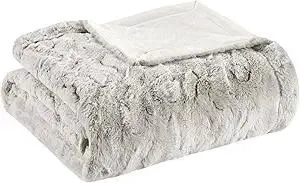 Madison Park Zuri Soft Plush Luxury Oversized Faux Fur Throw Animal Stripes Design, Faux Mink On The Reverse, Modern All Seasons Blanket for Bed, Sofa Couch, Office, Snow Leopard, 60x70
