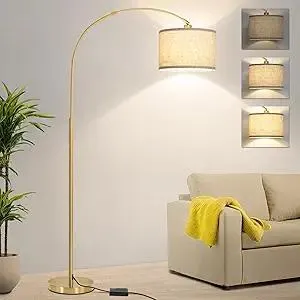 Gold Arc Floor Lamp, Dimmable Floor Lamp for Living Room, Mordern Standing Light with Adjustable Lamp Head, Tall Pole Lamp Over Couch Arched Light for Reading, Bedroom, Office, 9W LED Bulb Included