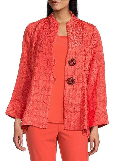 Crinkle Jacquard Textured High Neck Bracelet Sleeve Button Front Jacket