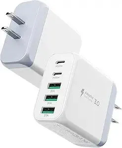 USB C Charger Block,EIZLXQ [2-Pack] Type C Charger Fast Charging,50W 5-Port Usb Wall Charger Multiport Type C Charging Block Cube for iPhone 17/16/15/14/13/12/11 Pro Max XS, iPad, Samsung & More-White
