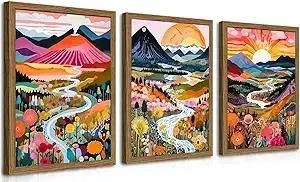 Wood Frame Boho Colorful Wall Art, Set of 3 Abstract Watercolor Mountain Landscape Wall Decor Painting, Modern Flower Aesthetic Posters Prints for Living Room Bathroom Bedroom 12x16In Framed