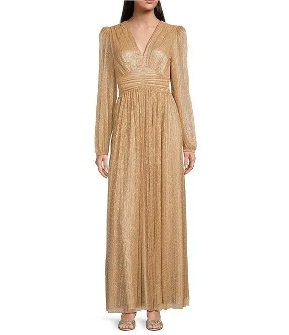 Bella Crinkle Metallic V-Neck Blouson Long Sleeve A-Line Gown