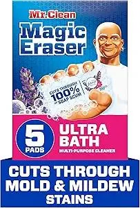Mr. Clean Magic Eraser Sponge, Bathroom Cleaner, Shower Cleaner, Tub Cleaner, Soap Scum Remover, Bathroom Cleaning Supplies, Dawn Cleaning Power with Febreze Lavender Scent, Ultra Bath, 5ct