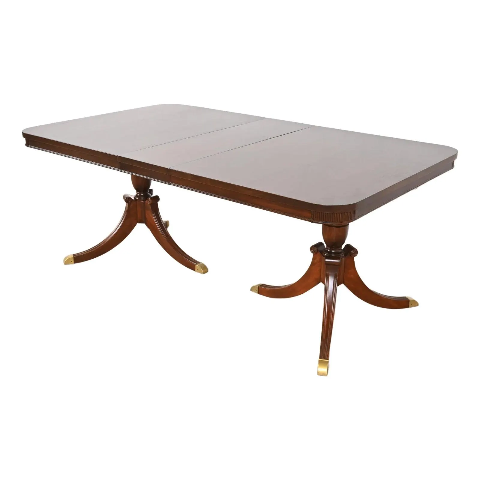 Baker Furniture Style Georgian Mahogany Double Pedestal Extension Dining Table, Newly Refinished