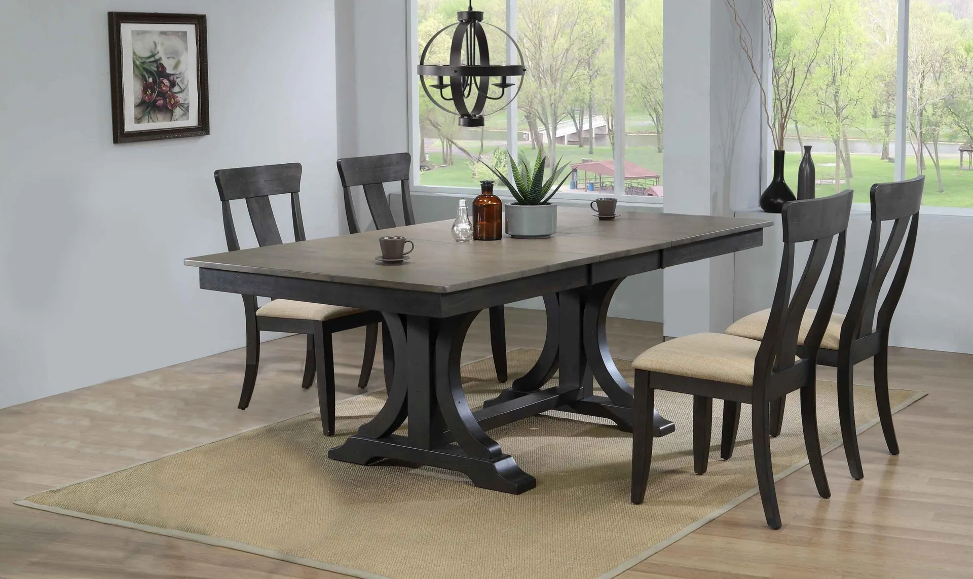 Iconic Furniture Double Deco Antique Grey Stone & Black Stone Panel Back Dining Set With Upholstered Seat