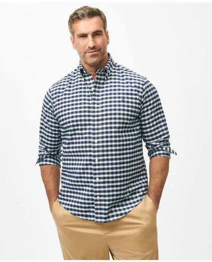 Big & Tall Stretch Cotton Non-Iron Oxford Polo Button Down Collar, Outline Check Shirt