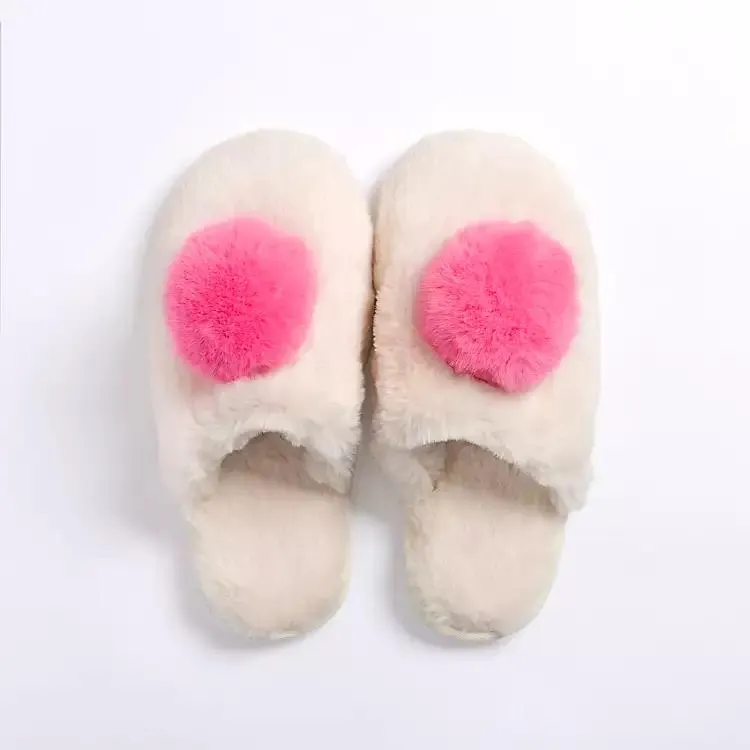 Small Pink Pom Pom Fuzzy Slippers