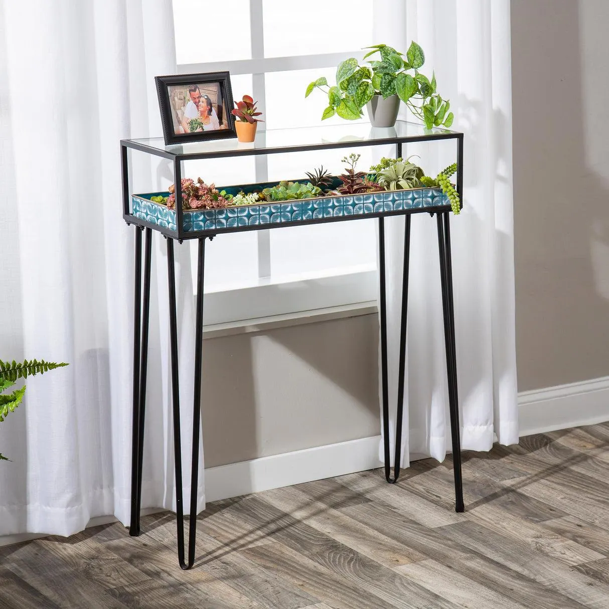 Metal Table with Glass Top and Teal Metal Planter Dish