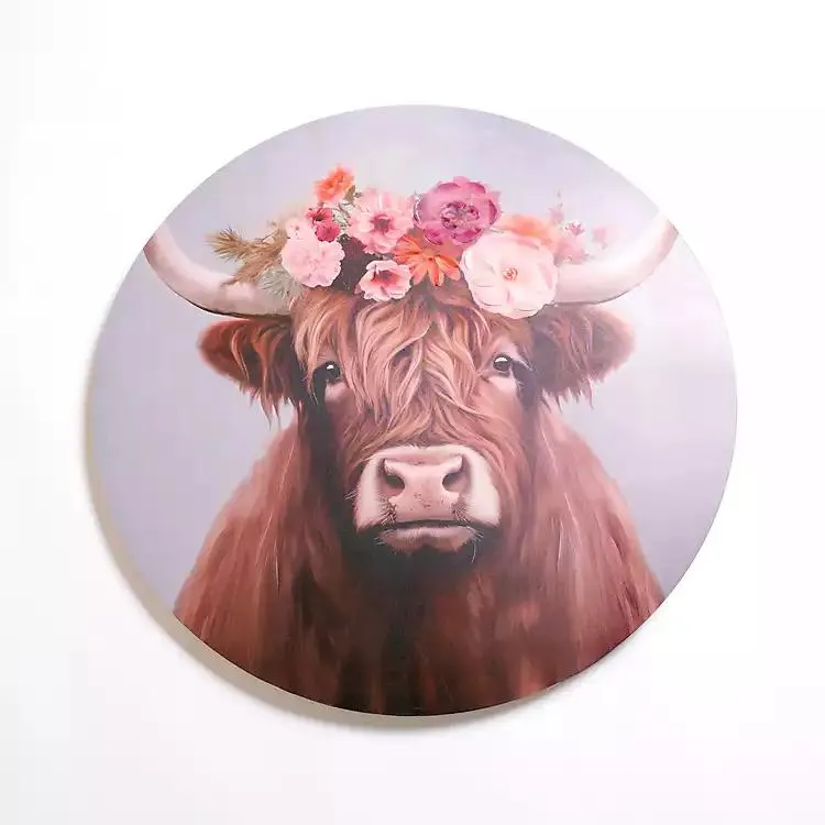 Round Floral Highland Cow Canvas Art Print