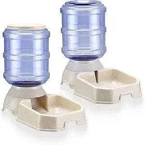 Automatic Pet Feeder & Waterer Set of 2 Pack, Self Feeding Replenish Dog Cat Bowls, Gravity Food & Water Storage Container Fountain Jug Pet Supplies Plastic Skid Proof Rubber Feet (White)
