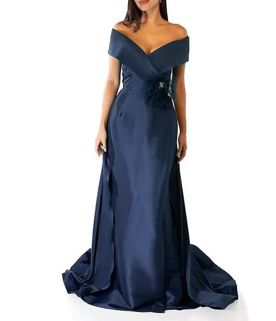 Off-the-Shoulder Cap Sleeve Feather Waist Ball Gown