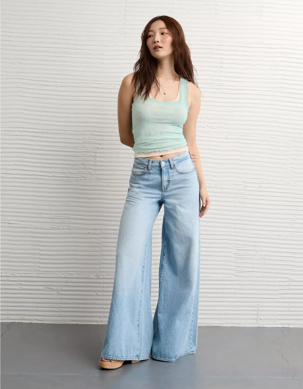 AE Square Neck Bow Mesh Tank Top