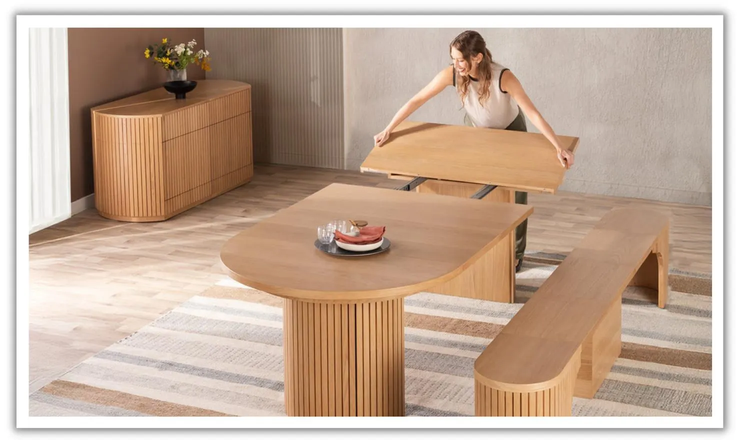 Transformer Table Practical Extendable Round Wooden Dining Table Set (Table + Bench)
