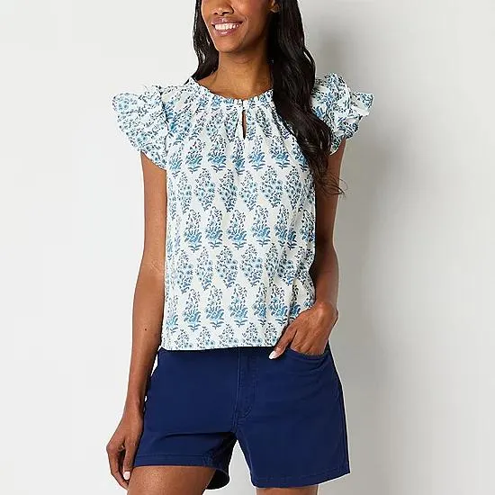 St. John's Bay Womens Keyhole Neck Short Sleeve Blouse
