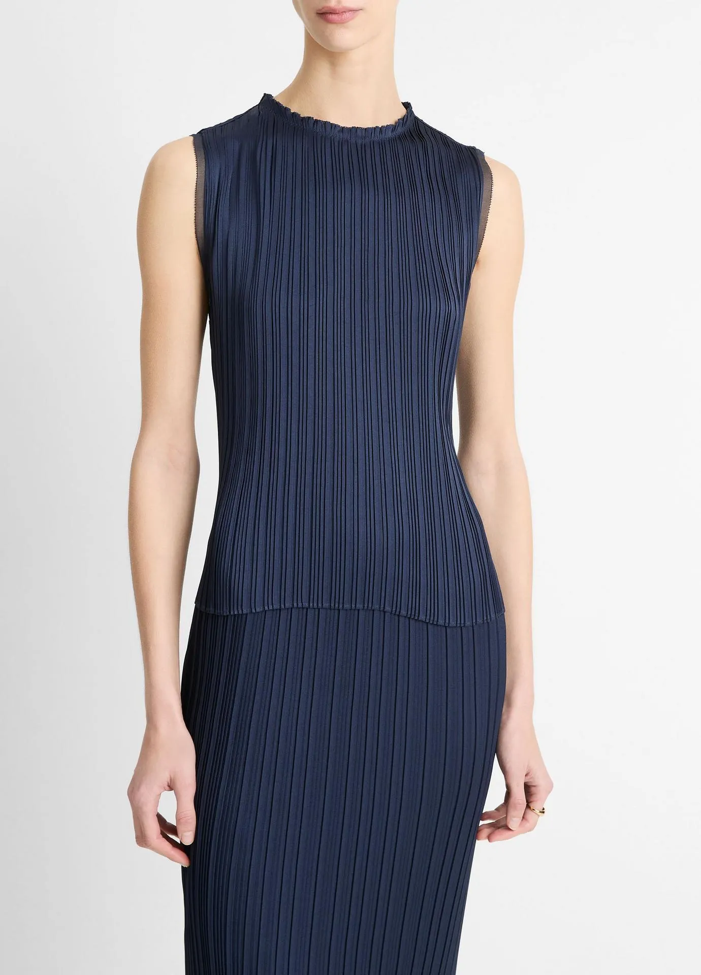 Pleated Satin Crew Neck Shell