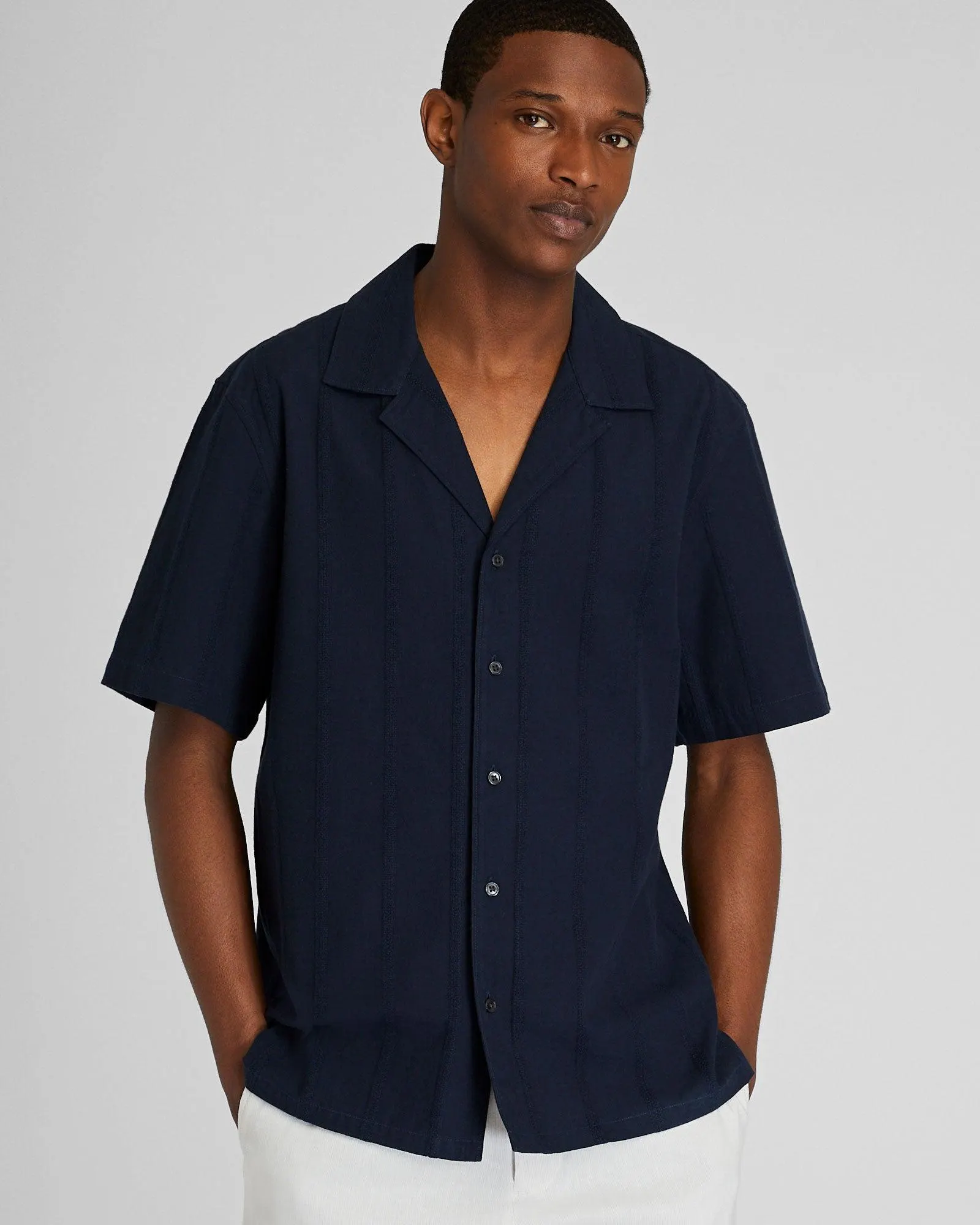 Textured Short Sleeve Camp Collar Shirt