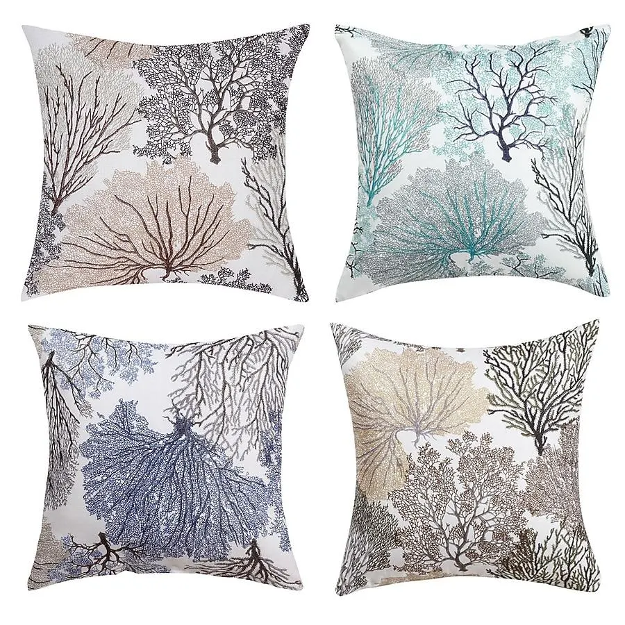 Unique Bargains 4pcs Throw Pillow Case Square Coral Coastal Beach Floral Printed Decorative Cushion Cover Double Side Design 18x18inch 45 Cm x 45 Cm
