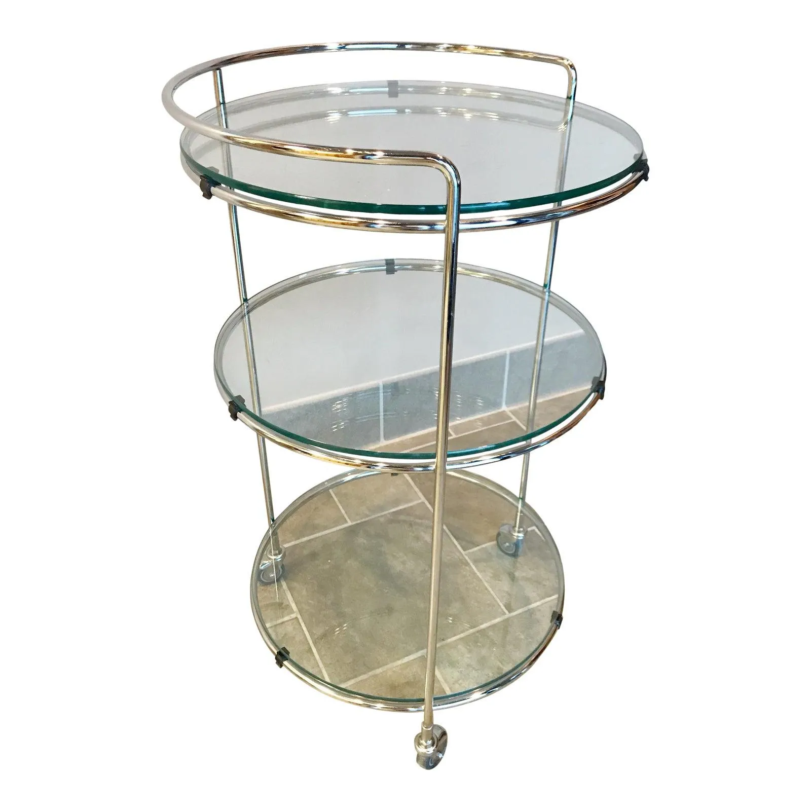 Vintage Bauhaus Round Chrome and Glass Three Tier Rolling Cocktail Bar Serving Cart
