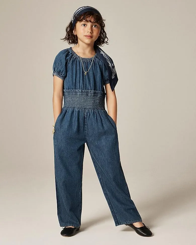 Girls' smocked-waist jumpsuit in drapey denim