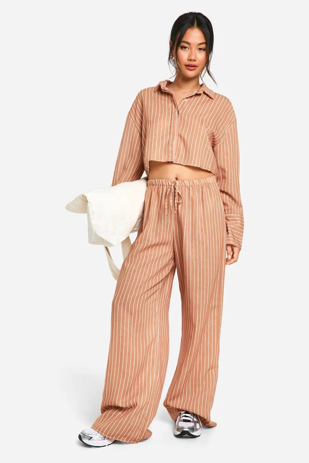 Linen Look Stripe Cropped Shirt & Wide Leg Trousers