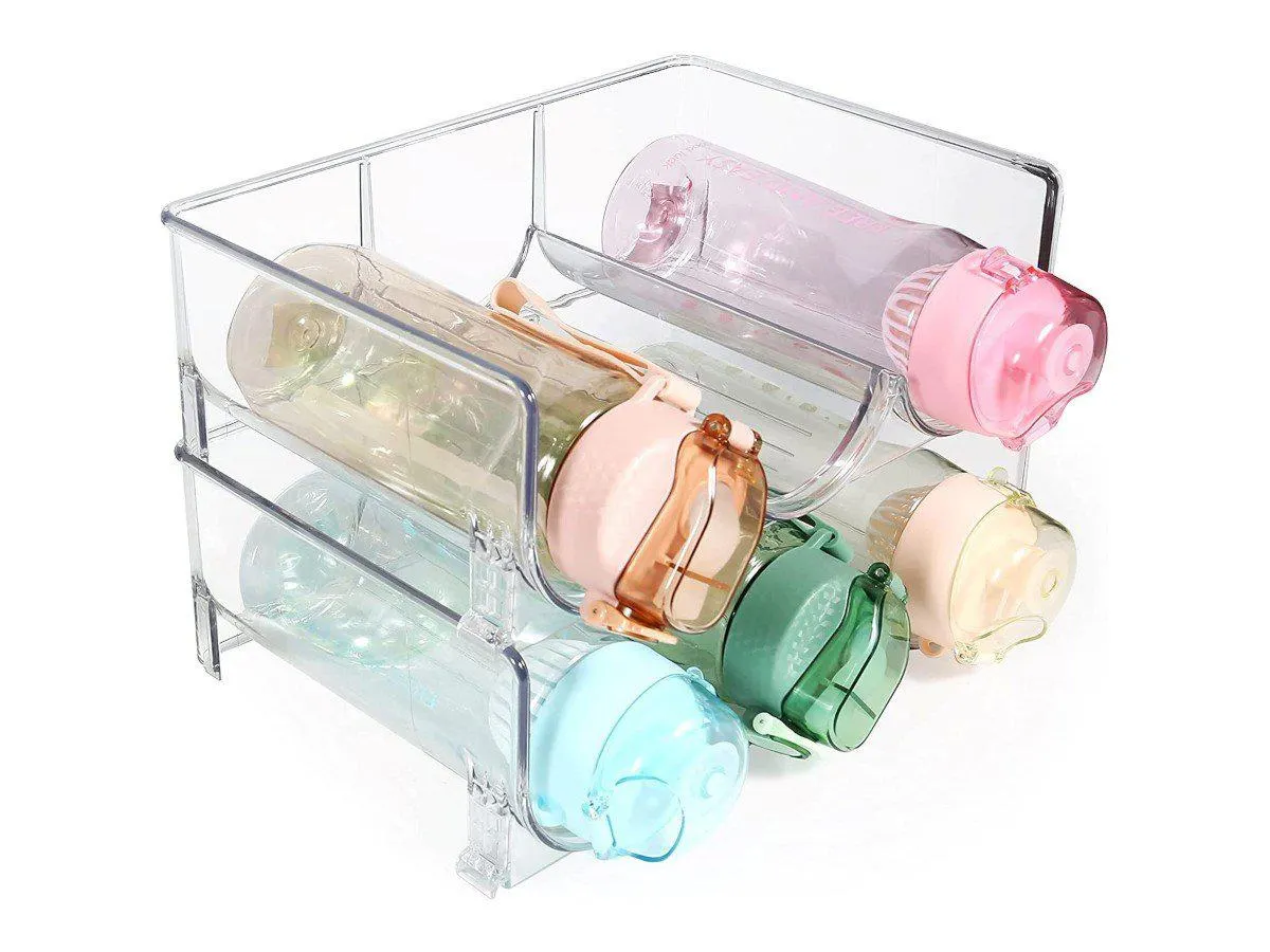 MPM Bottle Storage Rack, 2 Tier Clear Water Bottle Organizer for Cabinet, Stackable Plastic Fridge Racks, Tumbler Travel Mug Cup Holder, Holds 6 Bottles
