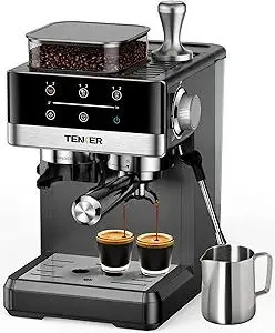 TENKER Espresso Machine with Grinder, 20 Bar Coffee Machine with Milk Frother for Home, All-in-One Stainless Steel Coffee Maker to Make Latte, Cappuccino, Hot or Cold Brew Iced Coffee, Americano