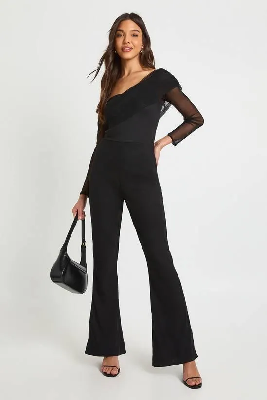 Mesh Asymmetric Bardot Jumpsuit
