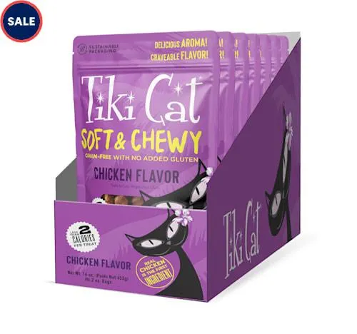 Tiki Cat Soft & Chewy Grain Free Chicken Dry Cat Treats, 2 oz., Count of 8