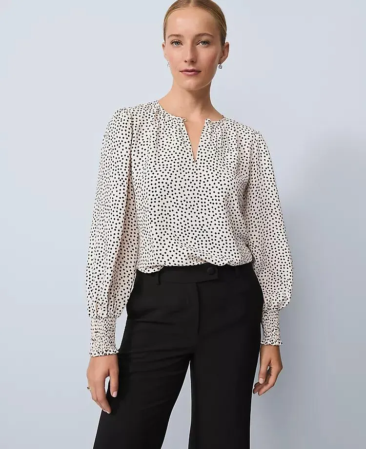 Dotted Smocked Crew Neck Top