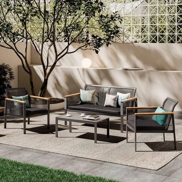 Patio Furniture Set - 4 Piece All Weather Wicker Patio Conversation Set Black Outdoor Sofa Set with Washable Cushions and Chairs