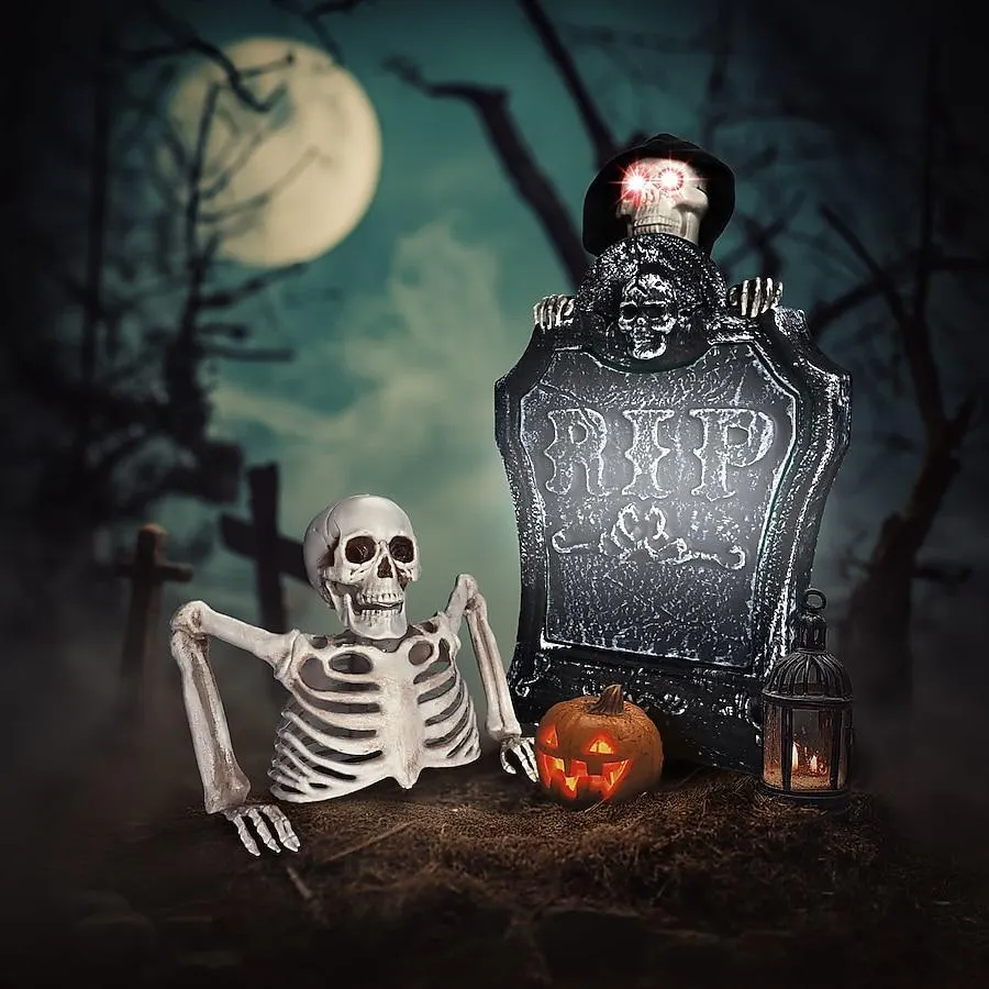 Yescom Animated Halloween Tombstone Lighted Decor Creepy Voice Pop Up Skull Light Up Eyes with Half Skeleton Outdoor 2025