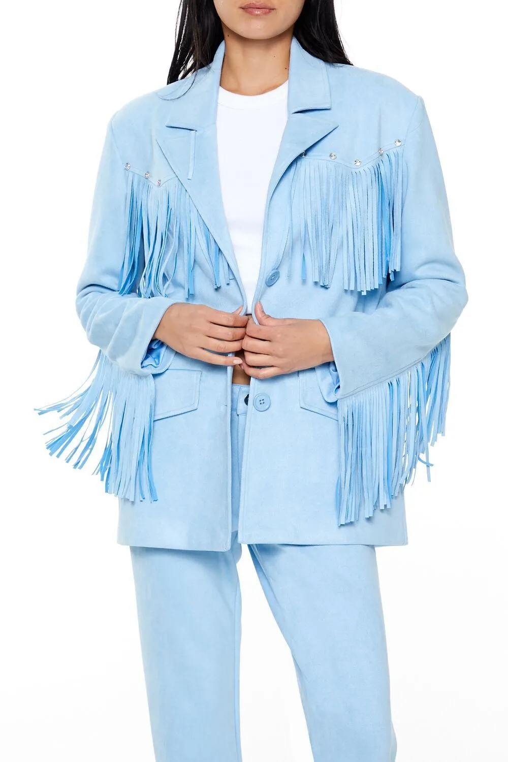Rhinestone Fringe Faux Suede Blazer