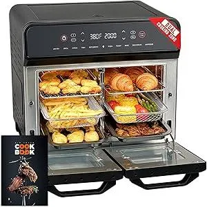 24Qt Dual Zone Air Fryer Oven with Rotisserie, Extra Large Double Air Fryers Mini Oven Digital 1800W 10 in 1 Airfryer Countertop Convection Toaster Oven Combo, Stainless Steel Inner, 360° Even Heating