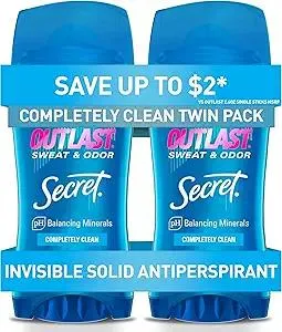 Secret Outlast Antiperspirant Deodorant for Women, 72hr Sweat & Odor Protection, PH Balancing Minerals, Invisible Solid, Completely Clean Scent, 2.6 oz (Pack of 2)